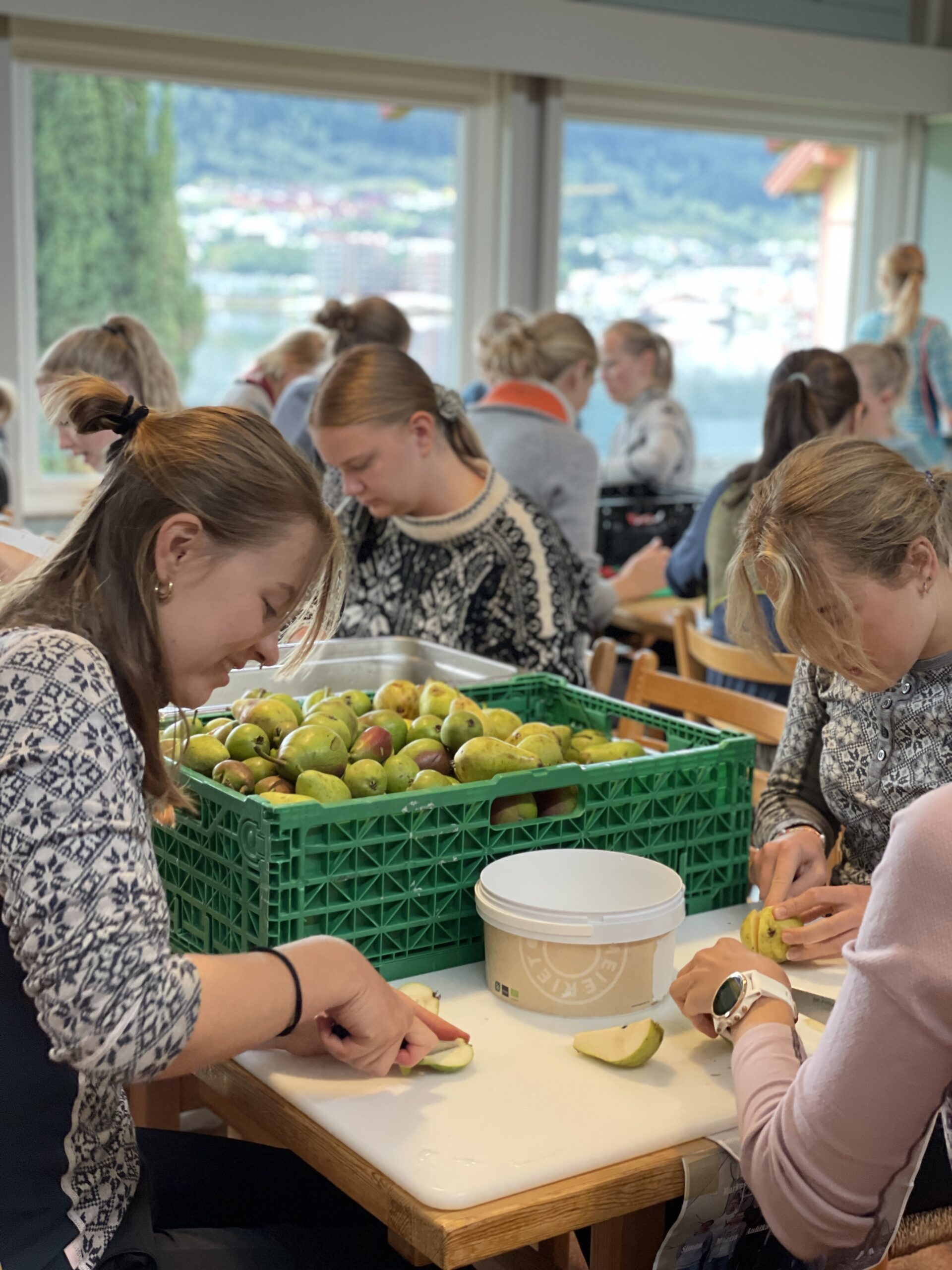 ungdommer som renser epler ved et bord