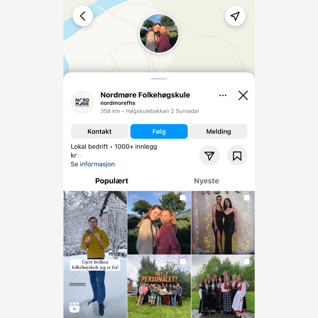 Skjermbilde fra Instagram, geotaggen Nordmøre Folkehøgskule. Folkehøgskoler i sosiale medier.