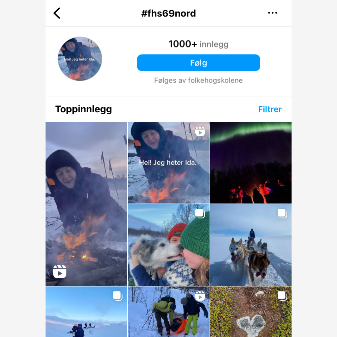 Skjermbilde fra Instagram, #fhs69nord. Folkehøgskoler i sosiale medier.