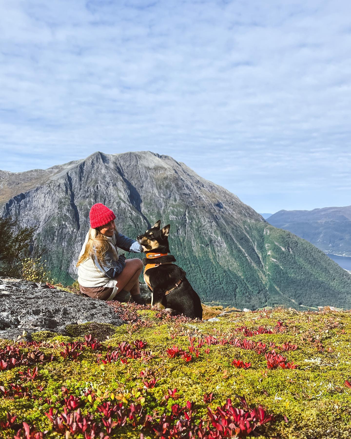 En jente og en hund sitter på toppen av et fjell. 